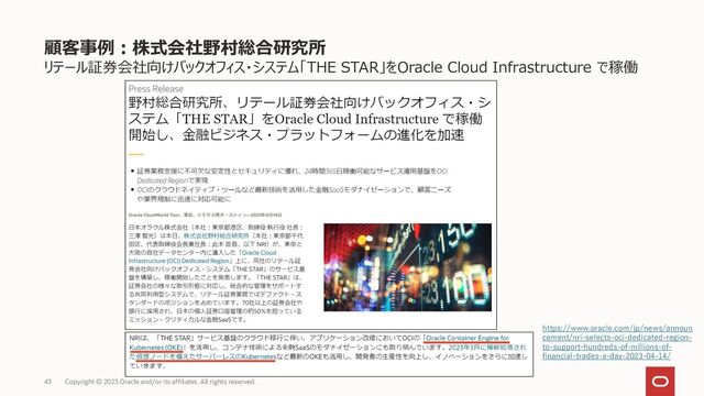 リテール証券会社向けバックオフィス・システム「THE STAR」をOracle Cloud Infrastructure で稼働
43
https://www.oracle.com/jp/news/announ
cement/nri-selects-oci-dedicated-region-
to-support-hundreds-of-millions-of-
financial-trades-a-day-2023-04-14/
顧客事例：株式会社野村総合研究所
Copyright © 2023 Oracle and/or its affiliates. All rights reserved.
