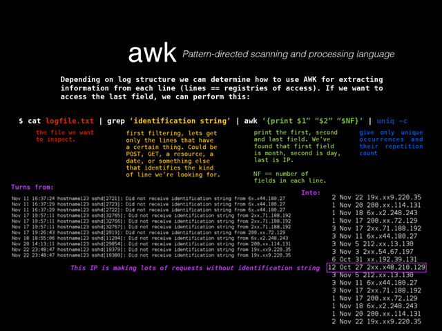 awk Pattern-directed scanning and processing language
$ cat logfile.txt | grep ‘identification string’ | awk ‘{print $1” “$2” “$NF}‘ | uniq -c
Depending on log structure we can determine how to use AWK for extracting
information from each line (lines == registries of access). If we want to
access the last field, we can perform this:
the file we want
to inspect.
first filtering, lets get
only the lines that have
a certain thing. Could be
POST, GET, a resource, a
date, or something else
that identifies the kind
of line we’re looking for.
print the first, second
and last field. We’ve
found that first field
is month, second is day,
last is IP.
NF == number of
fields in each line.
give only unique
occurrences and
their repetition
count
Turns from:
Into:
This IP is making lots of requests without identification string

