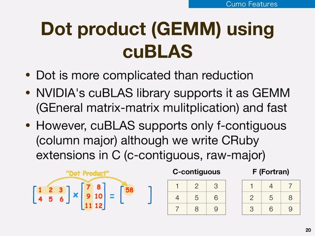 Dot product (GEMM) using
cuBLAS
• Dot is more complicated than reduction

• NVIDIA's cuBLAS library supports it as GEMM
(GEneral matrix-matrix mulitplication) and fast

• However, cuBLAS supports only f-contiguous
(column major) although we write CRuby
extensions in C (c-contiguous, raw-major)
20
1 2 3
4 5 6
7 8 9
1 4 7
2 5 8
3 6 9
C-contiguous F (Fortran)
$VNP'FBUVSFT
