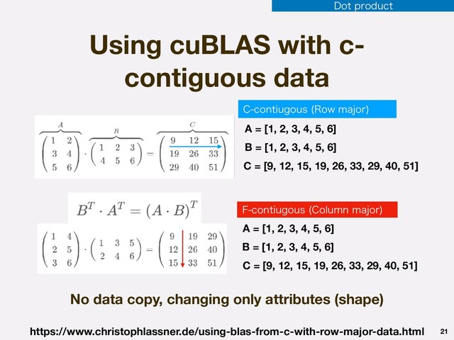 Using cuBLAS with c-
contiguous data
21
A = [1, 2, 3, 4, 5, 6]
B = [1, 2, 3, 4, 5, 6]
C = [9, 12, 15, 19, 26, 33, 29, 40, 51]
A = [1, 2, 3, 4, 5, 6]
B = [1, 2, 3, 4, 5, 6]
C = [9, 12, 15, 19, 26, 33, 29, 40, 51]
$DPOUJVHPVT 3PXNBKPS

'DPOUJVHPVT $PMVNONBKPS

No data copy, changing only attributes (shape)
https://www.christophlassner.de/using-blas-from-c-with-row-major-data.html
%PUQSPEVDU
