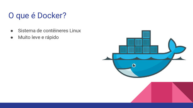 O que é Docker?
● Sistema de contêineres Linux
● Muito leve e rápido
