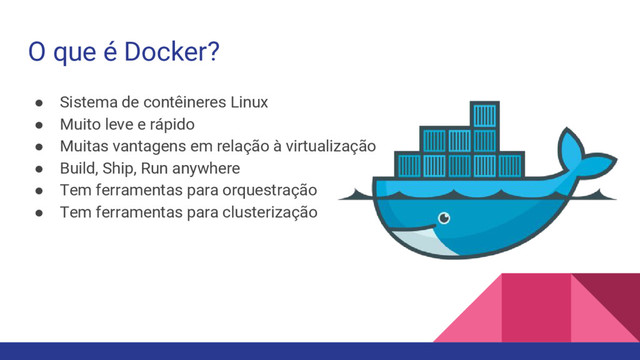 O que é Docker?
● Sistema de contêineres Linux
● Muito leve e rápido
● Muitas vantagens em relação à virtualização
● Build, Ship, Run anywhere
● Tem ferramentas para orquestração
● Tem ferramentas para clusterização
