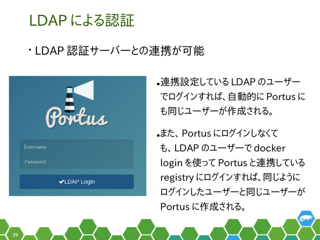 29
LDAP による認証
• LDAP 認証サーバーとの連携が可能
●
連携設定している LDAP のユーザー
でログインすれば、自動的に Portus に
も同じユーザーが作成される。
●
また、 Portus にログインしなくて
も、 LDAP のユーザーで docker
login を使って Portus と連携している
registry にログインすれば、同じように
ログインしたユーザーと同じユーザーが
Portus に作成される。
