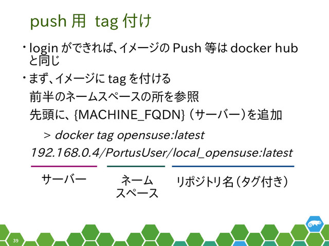 39
push 用 tag 付け
• login ができれば、イメージの Push 等は docker hub
と同じ
• まず、イメージに tag を付ける
前半のネームスペースの所を参照
先頭に、 {MACHINE_FQDN} （サーバー）を追加
　 > docker tag opensuse:latest
192.168.0.4/PortusUser/local_opensuse:latest
サーバー ネーム
スペース
リポジトリ名（タグ付き）
