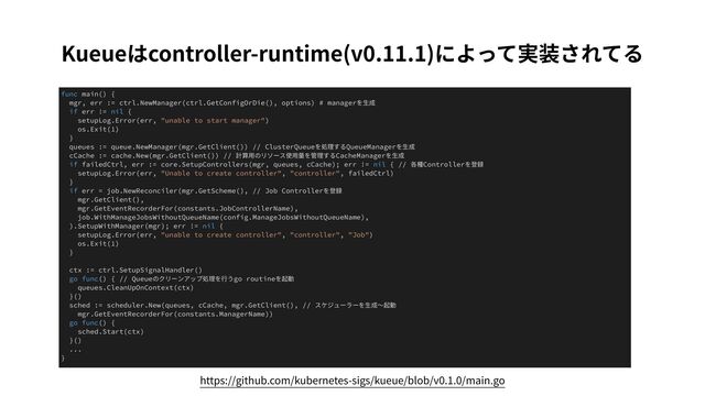 Kueueはcontroller-runtime(v0.11.1)によって実装されてる
func main() {
mgr, err := ctrl.NewManager(ctrl.GetConfigOrDie(), options) # managerを⽣成
if err != nil {
setupLog.Error(err, "unable to start manager")
os.Exit(1)
}
queues := queue.NewManager(mgr.GetClient()) // ClusterQueueを処理するQueueManagerを⽣成
cCache := cache.New(mgr.GetClient()) // 計算⽤のリソース使⽤量を管理するCacheManagerを⽣成
if failedCtrl, err := core.SetupControllers(mgr, queues, cCache); err != nil { // 各種Controllerを登録
setupLog.Error(err, "Unable to create controller", "controller", failedCtrl)
}
if err = job.NewReconciler(mgr.GetScheme(), // Job Controllerを登録
mgr.GetClient(),
mgr.GetEventRecorderFor(constants.JobControllerName),
job.WithManageJobsWithoutQueueName(config.ManageJobsWithoutQueueName),
).SetupWithManager(mgr); err != nil {
setupLog.Error(err, "unable to create controller", "controller", "Job")
os.Exit(1)
}
ctx := ctrl.SetupSignalHandler()
go func() { // Queueのクリーンアップ処理を⾏うgo routineを起動
queues.CleanUpOnContext(ctx)
}()
sched := scheduler.New(queues, cCache, mgr.GetClient(), // スケジューラーを⽣成〜起動
mgr.GetEventRecorderFor(constants.ManagerName))
go func() {
sched.Start(ctx)
}()
...
}
https://github.com/kubernetes-sigs/kueue/blob/v0.1.0/main.go
