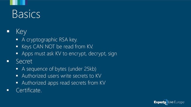 Basics
▪ Key
▪ A cryptographic RSA key.
▪ Keys CAN NOT be read from KV.
▪ Apps must ask KV to encrypt, decrypt, sign
▪ Secret
▪ A sequence of bytes (under 25kb)
▪ Authorized users write secrets to KV
▪ Authorized apps read secrets from KV
▪ Certificate.
