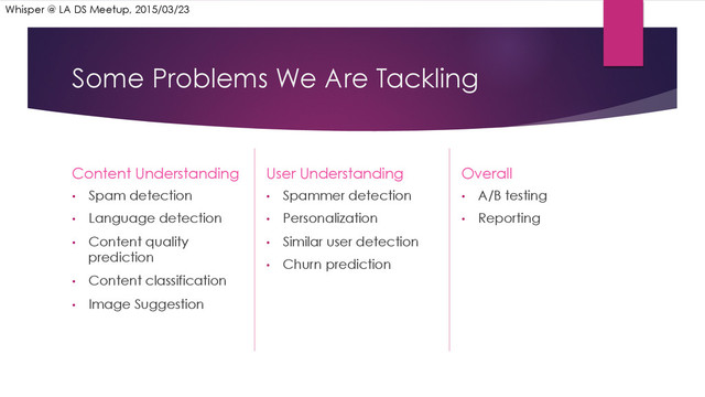Some Problems We Are Tackling
Content Understanding
•  Spam detection
•  Language detection
•  Content quality
prediction
•  Content classification
•  Image Suggestion
User Understanding
•  Spammer detection
•  Personalization
•  Similar user detection
•  Churn prediction
Overall
•  A/B testing
•  Reporting
Whisper @ LA DS Meetup, 2015/03/23
