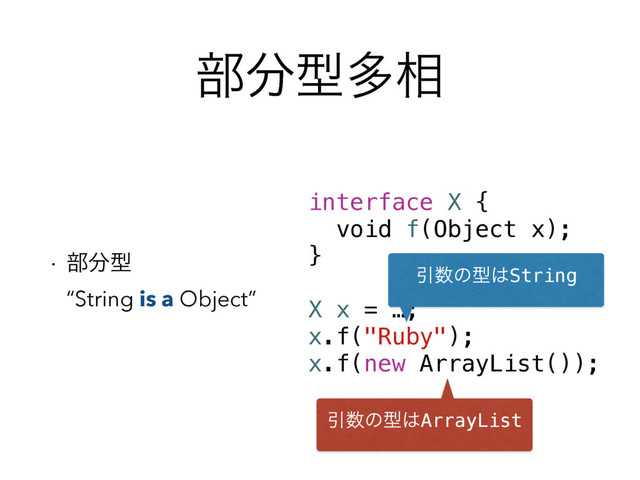 ෦෼ܕଟ૬
w ෦෼ܕ 
“String is a Object”
interface X {
void f(Object x);
}
X x = …;
x.f("Ruby");
x.f(new ArrayList());
Ҿ਺ͷܕ͸String
Ҿ਺ͷܕ͸ArrayList
