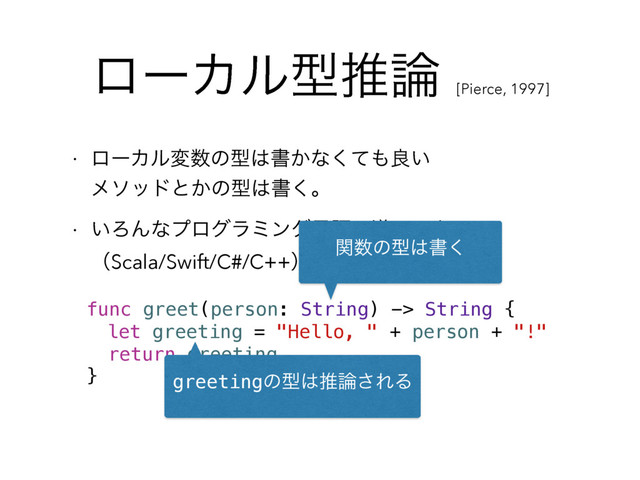ϩʔΧϧܕਪ࿦
[Pierce, 1997]
w ϩʔΧϧม਺ͷܕ͸ॻ͔ͳͯ͘΋ྑ͍ 
ϝιουͱ͔ͷܕ͸ॻ͘ɻ
w ͍ΖΜͳϓϩάϥϛϯάݴޠʹಋೖͰ͖Δ 
ʢScala/Swift/C#/C++ʣ
func greet(person: String) -> String {
let greeting = "Hello, " + person + "!"
return greeting
} greetingͷܕ͸ਪ࿦͞ΕΔ
ؔ਺ͷܕ͸ॻ͘
