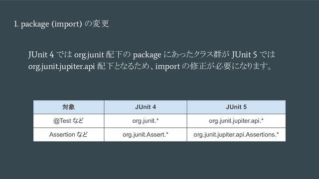 1. package (import)
の変更
JUnit 4
では
org.junit
配下の
package
にあったクラス群が
JUnit 5
では
org.junit.jupiter.api
配下となるため、
import
の修正が必要になります。
対象 JUnit 4 JUnit 5
@Test など org.junit.* org.junit.jupiter.api.*
Assertion など org.junit.Assert.* org.junit.jupiter.api.Assertions.*

