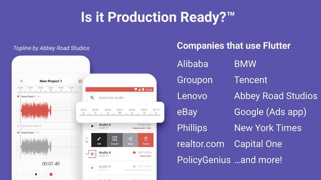 Is it Production Ready?™
Companies that use Flutter
Alibaba
Groupon
Lenovo
eBay
Phillips
realtor.com
PolicyGenius
BMW
Tencent
Abbey Road Studios
Google (Ads app)
New York Times
Capital One
…and more!
Topline by Abbey Road Studios
