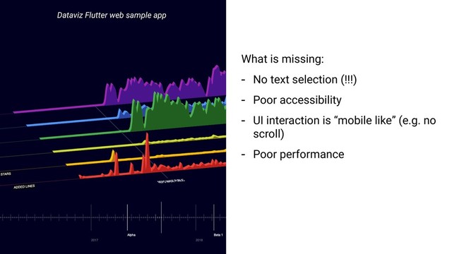 What is missing:
- No text selection (!!!)
- Poor accessibility
- UI interaction is “mobile like” (e.g. no
scroll)
- Poor performance
Dataviz Flutter web sample app
