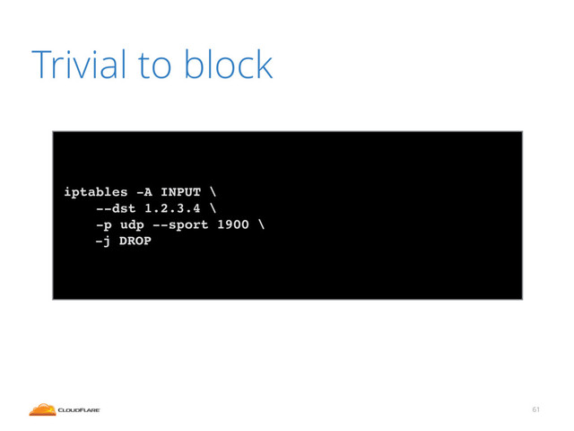 61
Trivial to block
iptables -A INPUT \
--dst 1.2.3.4 \
-p udp --sport 1900 \
-j DROP
