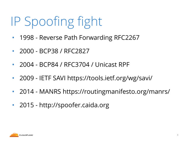 IP Spooﬁng ﬁght
• 1998 - Reverse Path Forwarding RFC2267
• 2000 - BCP38 / RFC2827
• 2004 - BCP84 / RFC3704 / Unicast RPF
• 2009 - IETF SAVI https://tools.ietf.org/wg/savi/
• 2014 - MANRS https://routingmanifesto.org/manrs/
• 2015 - http://spoofer.caida.org
8
