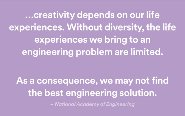 …creativity depends on our life
experiences. Without diversity, the life
experiences we bring to an
engineering problem are limited.
As a consequence, we may not find
the best engineering solution.
– National Academy of Engineering
