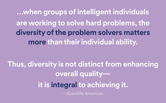 …when groups of intelligent individuals
are working to solve hard problems, the
diversity of the problem solvers matters
more than their individual ability.
Thus, diversity is not distinct from enhancing
overall quality—
it is integral to achieving it.
– Scientific American
