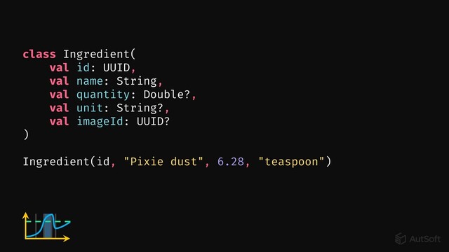 class Ingredient(
val id: UUID,
val name: String,
val quantity: Double?,
val unit: String?,
val imageId: UUID?
)
Ingredient(id, "Pixie dust", 6.28, "teaspoon")
