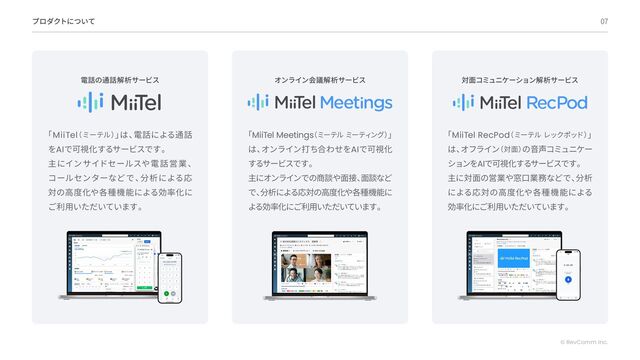 「コミュニケーションを再発明し、
人が人を想う社会を創る」
というミッションのもと、
AI × Voice × Cloudのソフトウェア
・
データベースを提供していくメインプロダクトとして、
「電話営業や顧客対応を可視化するIP電話 MiiTel
（ミーテル）
」
を開発
・
提供しています。
「MiiTel」
ブランドの新しいサービス
「MiiTel Meetings
（ミーテル ミーティング）
」
。
「MiiTel」
と各種会議システムの連携により、
電話、
オンライン会議を一元管理し、
社内資産としてストック化することができます。
ビジネス向けのスマート電話
オンライン会議解析ツール
07
プロダクトについて
© RevComm Inc.
