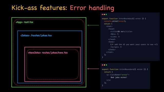 Kick-ass features: Error handling
 root.tsx
 /routes/jokes.tsx
 routes/jokes/new.tsx
