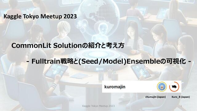 CommonLit Solutionの紹介と考え方
- Fulltrain戦略と(Seed/Model)Ensembleの可視化 -
Kaggle Tokyo Meetup 2023
1
Kaggle Tokyo Meetup 2023
chumajin (Japan) Kuro_B (Japan)
