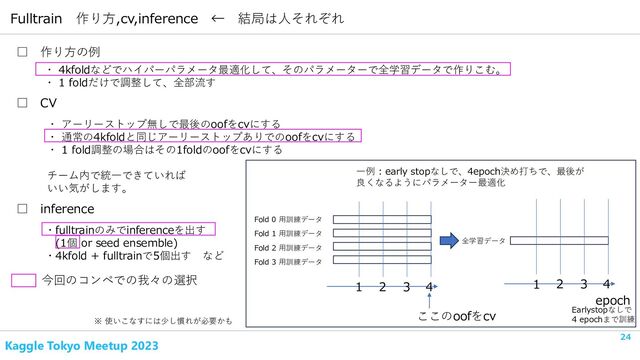 Kaggle Tokyo Meetup 2023
24
Fulltrain 作り方,cv,inference ← 結局は人それぞれ
・ 4kfoldなどでハイパーパラメータ最適化して、そのパラメーターで全学習データで作りこむ。
・ 1 foldだけで調整して、全部流す
□ 作り方の例
□ CV
・ アーリーストップ無しで最後のoofをcvにする
・ 通常の4kfoldと同じアーリーストップありでのoofをcvにする
・ 1 fold調整の場合はその1foldのoofをcvにする
チーム内で統一できていれば
いい気がします。
一例 : early stopなしで、4epoch決め打ちで、最後が
良くなるようにパラメーター最適化
Fold 0 用訓練データ
1 2 3 4
epoch
1 2 3 4
Fold 1 用訓練データ
Fold 2 用訓練データ
Fold 3 用訓練データ
全学習データ
ここのoofをcv
□ inference
・fulltrainのみでinferenceを出す
(1個 or seed ensemble)
・4kfold + fulltrainで5個出す など
今回のコンペでの我々の選択
Earlystopなしで
4 epochまで訓練
※ 使いこなすには少し慣れが必要かも
