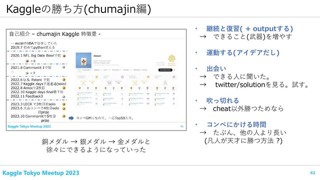 41
Kaggle Tokyo Meetup 2023
Kaggleの勝ち方(chumajin編)
・ 継続と復習( + outputする)
→ できること(武器)を増やす
・ 運動する(アイデアだし)
・ 出会い
→ できる人に聞いた。
→ twitter/solutionを見る。試す。
・ 吹っ切れる
→ cheat以外勝つためなら
・ コンペにかける時間
→ たぶん、他の人より長い
(凡人が天才に勝つ方法 ?)
銅メダル → 銀メダル → 金メダルと
徐々にできるようになっていった
