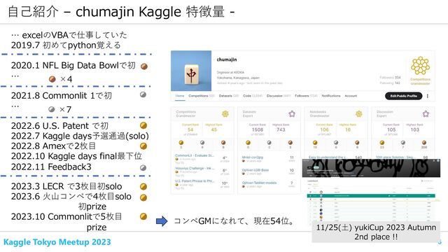 6
Kaggle Tokyo Meetup 2023
自己紹介 – chumajin Kaggle 特徴量 -
… excelのVBAで仕事していた
2019.7 初めてpython覚える
2020.1 NFL Big Data Bowlで初
…
2021.8 Commonlit 1で初
…
2022.6 U.S. Patent で初
2022.7 Kaggle days予選通過(solo)
2022.8 Amexで2枚目
2022.10 Kaggle days final最下位
2022.11 Feedback3
2023.3 LECR で3枚目初solo
2023.6 火山コンペで4枚目solo
初prize
2023.10 Commonlitで5枚目
prize
×4
×7
コンペGMになれて、現在54位。
11/25(土) yukiCup 2023 Autumn
2nd place !!
