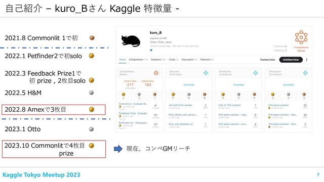 Kaggle Tokyo Meetup 2023 7
自己紹介 – kuro_Bさん Kaggle 特徴量 -
2021.8 Commonlit 1で初
2022.1 Petfinder2で初solo
2022.3 Feedback Prize1で
初 prize , 2枚目solo
2022.5 H&M
2022.8 Amexで3枚目
2023.1 Otto
2023.10 Commonlitで4枚目
prize
現在、コンペGMリーチ
