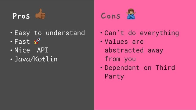 Pros %
• Easy to understand
• Fast 
• Nice API
• Java/Kotlin
Cons &
• Can’t do everything
• Values are
abstracted away
from you
• Dependant on Third
Party
