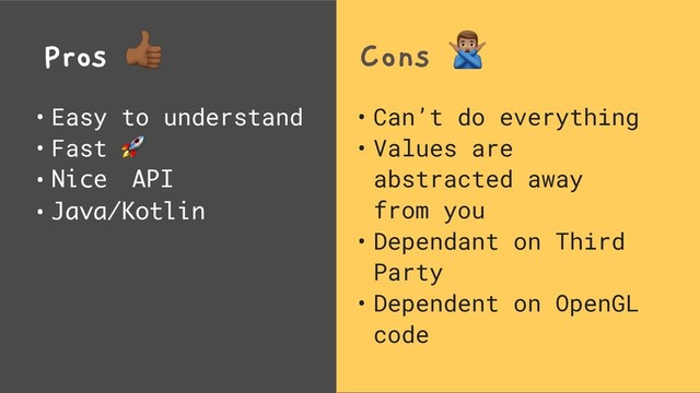 Pros %
• Easy to understand
• Fast 
• Nice API
• Java/Kotlin
Cons &
• Can’t do everything
• Values are
abstracted away
from you
• Dependant on Third
Party
• Dependent on OpenGL
code
