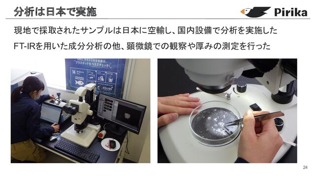 分析 日本で実施
24
現地で採取されたサンプル 日本に空輸し、国内設備で分析を実施した
FT-IRを用いた成分分析 他、顕微鏡で 観察や厚み 測定を行った
