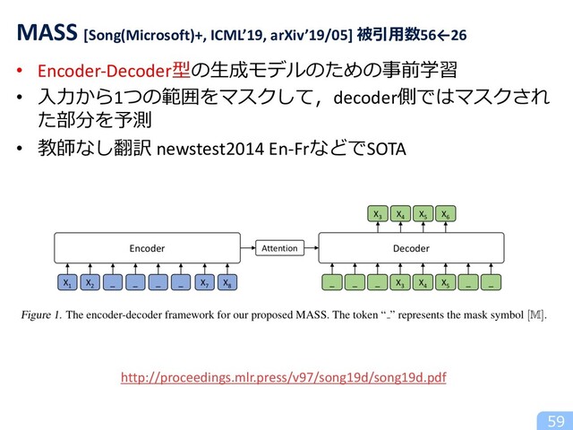 • Encoder-Decoder型の⽣成モデルのための事前学習
• ⼊⼒から1つの範囲をマスクして，decoder側ではマスクされ
た部分を予測
• 教師なし翻訳 newstest2014 En-FrなどでSOTA
59
MASS [Song(Microsoft)+, ICML’19, arXiv’19/05] 被引⽤数56←26
http://proceedings.mlr.press/v97/song19d/song19d.pdf
