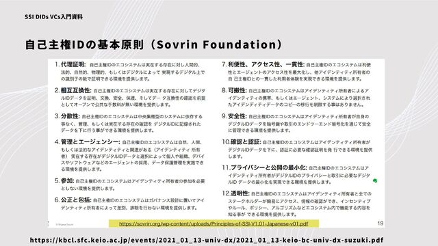 SSI DIDs VCs入門資料
自己主権IDの基本原則（Sovrin Foundation）
https://kbcl.sfc.keio.ac.jp/events/2021_01_13-univ-dx/2021_01_13-keio-bc-univ-dx-suzuki.pdf
