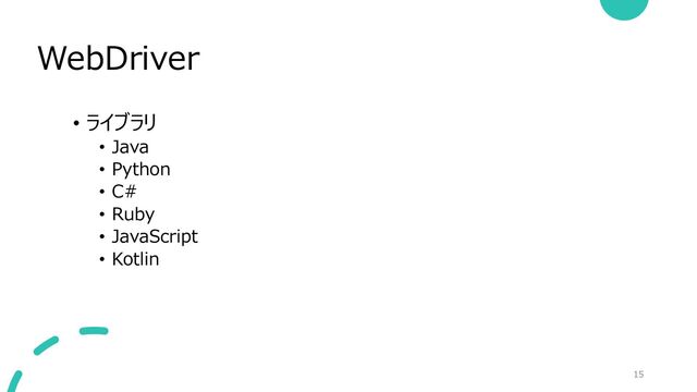 WebDriver
15
• ライブラリ
• Java
• Python
• C#
• Ruby
• JavaScript
• Kotlin
