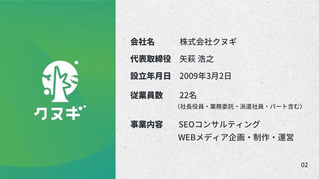 会社名　 株式会社クヌギ
代表取締役　矢萩 浩之
設立年月日　2009年3月2日
従業員数　　22名
　　　　　　 （社長役員・業務委託・派遣社員・パート含む）
事業内容　 SEOコンサルティング
WEBメディア企画・制作・運営
02
