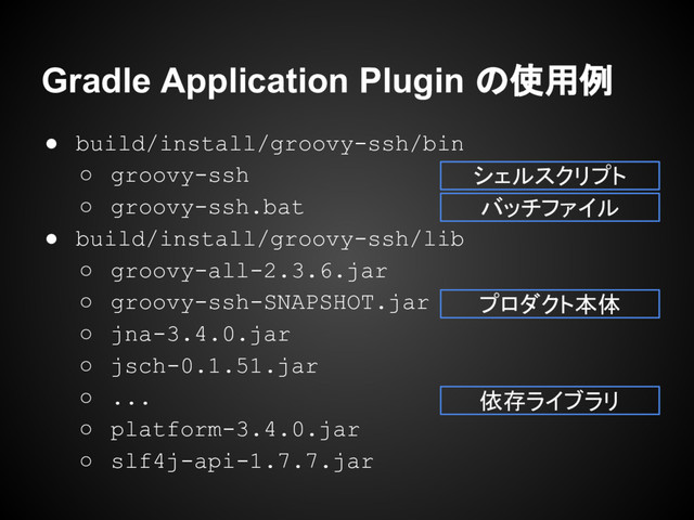 ● build/install/groovy-ssh/bin
○ groovy-ssh
○ groovy-ssh.bat
● build/install/groovy-ssh/lib
○ groovy-all-2.3.6.jar
○ groovy-ssh-SNAPSHOT.jar
○ jna-3.4.0.jar
○ jsch-0.1.51.jar
○ ...
○ platform-3.4.0.jar
○ slf4j-api-1.7.7.jar
Gradle Application Plugin の使用例
シェルスクリプト
バッチファイル
プロダクト本体
依存ライブラリ
