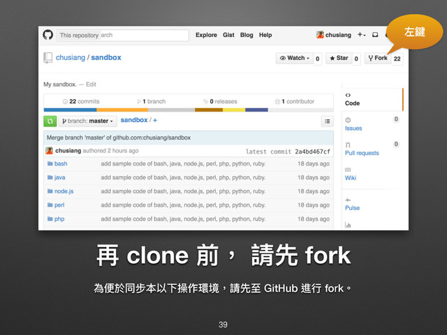 ٚ clone 獮牧 藶ض fork
傶׎ෝݶྍ๜犥ӥ砺֢絑ह牧藶ضᛗ GitHub 蝱ᤈ fork牐
ૢ棎
39
