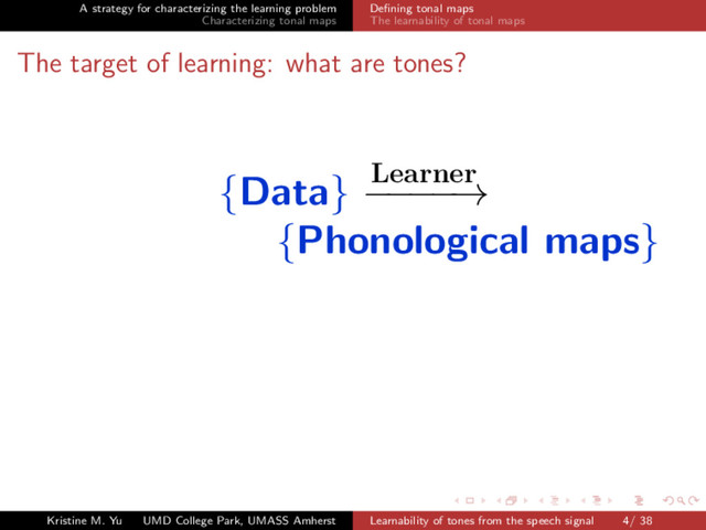 A strategy for characterizing the learning problem
Characterizing tonal maps
Deﬁning tonal maps
The learnability of tonal maps
The target of learning: what are tones?
{Data} Learner
−
−
−
−
→
{Phonological maps}
Kristine M. Yu UMD College Park, UMASS Amherst Learnability of tones from the speech signal 4/ 38
