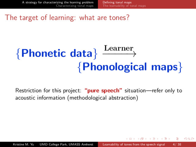 A strategy for characterizing the learning problem
Characterizing tonal maps
Deﬁning tonal maps
The learnability of tonal maps
The target of learning: what are tones?
{Phonetic data} Learner
−
−
−
−
→
{Phonological maps}
Restriction for this project: “pure speech” situation—refer only to
acoustic information (methodological abstraction)
Kristine M. Yu UMD College Park, UMASS Amherst Learnability of tones from the speech signal 4/ 38
