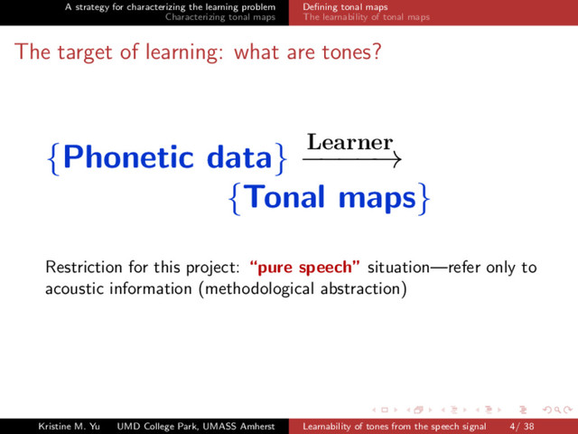 A strategy for characterizing the learning problem
Characterizing tonal maps
Deﬁning tonal maps
The learnability of tonal maps
The target of learning: what are tones?
{Phonetic data} Learner
−
−
−
−
→
{Tonal maps}
Restriction for this project: “pure speech” situation—refer only to
acoustic information (methodological abstraction)
Kristine M. Yu UMD College Park, UMASS Amherst Learnability of tones from the speech signal 4/ 38
