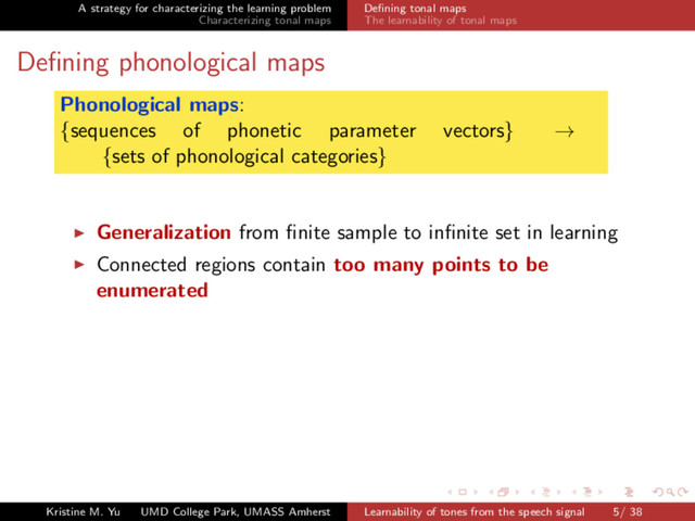 A strategy for characterizing the learning problem
Characterizing tonal maps
Deﬁning tonal maps
The learnability of tonal maps
Deﬁning phonological maps
Phonological maps:
{sequences of phonetic parameter vectors} →
{sets of phonological categories}
Generalization from ﬁnite sample to inﬁnite set in learning
Connected regions contain too many points to be
enumerated
Kristine M. Yu UMD College Park, UMASS Amherst Learnability of tones from the speech signal 5/ 38

