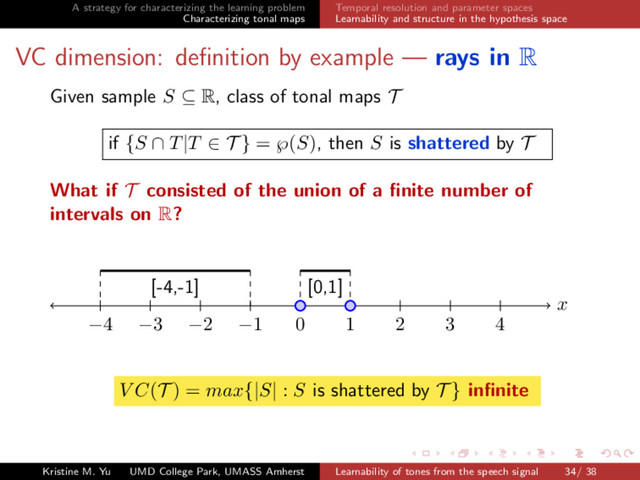 A strategy for characterizing the learning problem
Characterizing tonal maps
Temporal resolution and parameter spaces
Learnability and structure in the hypothesis space
VC dimension: deﬁnition by example — rays in R
Given sample S ⊆ R, class of tonal maps T
if {S ∩ T|T ∈ T } = ℘(S), then S is shattered by T
What if T consisted of the union of a ﬁnite number of
intervals on R?
[0,1]
[-4,-1]
x
−4 −3 −2 −1 0 1 2 3 4
V C(T ) = max{|S| : S is shattered by T } inﬁnite
Kristine M. Yu UMD College Park, UMASS Amherst Learnability of tones from the speech signal 34/ 38
