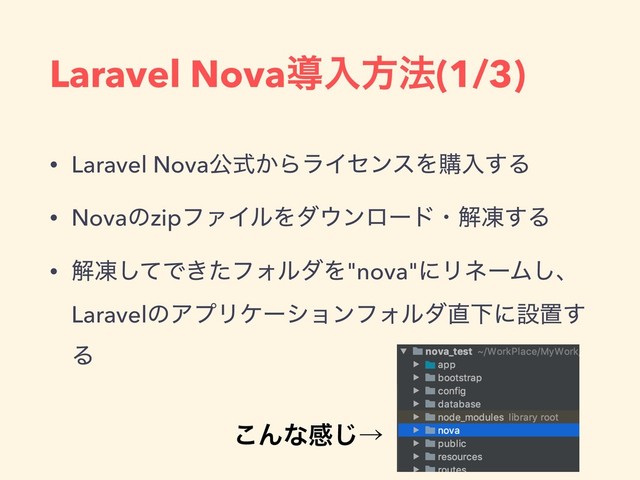 • Laravel Novaެ͔ࣜΒϥΠηϯεΛߪೖ͢Δ
• NovaͷzipϑΝΠϧΛμ΢ϯϩʔυɾղౚ͢Δ
• ղౚͯ͠Ͱ͖ͨϑΥϧμΛ"nova"ʹϦωʔϜ͠ɺ
LaravelͷΞϓϦέʔγϣϯϑΥϧμ௚Լʹઃஔ͢
Δ
Laravel Novaಋೖํ๏(1/3)
͜Μͳײ͡ˠ
