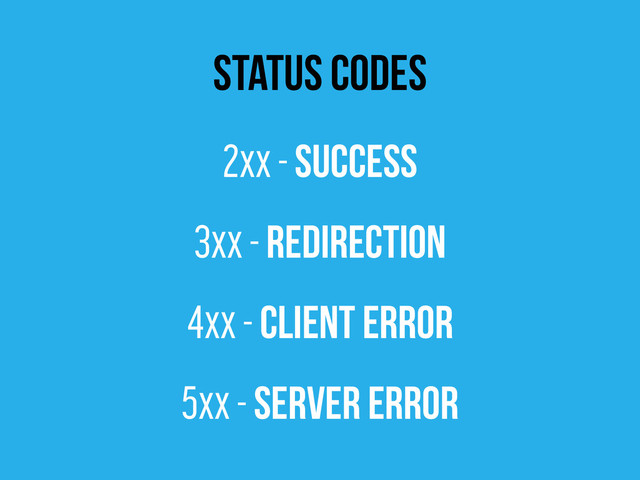 status codes
2xx - Success
3xx - Redirection
4xx - Client Error
5xx - Server Error
