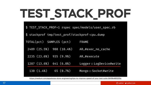 palkan_tula
palkan
$ TEST_STACK_PROF=1 rspec spec/models/user_spec.rb
$ stackprof tmp/test_prof/stackprof-cpu.dump
TOTAL(pct) SAMPLES (pct) FRAME
2409 (25.5%) 988 (10.4%) AR…#exec_no_cache
2235 (23.6%) 935 (9.9%) AR…#execute
1287 (13.6%) 641 (6.8%) Logger ::LogDevice#write
130 (1.4%) 65 (0.7%) Mongo ::Socket#write
https://medium.com/appaloosa-store-engineering/tips-to-improve-speed-of-your-test-suite-8418b485205c
17
TEST_STACK_PROF
