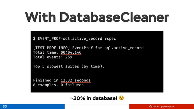 palkan_tula
palkan
With DatabaseCleaner
33
$ EVENT_PROF=sql.active_record rspec
[TEST PROF INFO] EventProf for sql.active_record
Total time: 00:04.146
Total events: 259
Top 5 slowest suites (by time):
…
Finished in 12.32 seconds
8 examples, 0 failures
~30% in database! 

