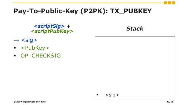 Pay-To-Public-Key (P2PK): TX_PUBKEY
→ 
▪ 
▪ OP_CHECKSIG
Stack
▪ 
© 2019 Digital Gold Institute
 +

42/99
