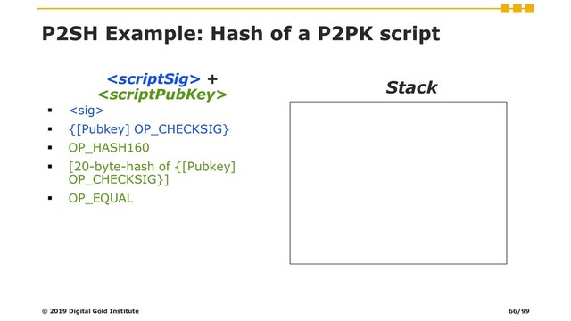  +

▪ 
▪ {[Pubkey] OP_CHECKSIG}
▪ OP_HASH160
▪ [20-byte-hash of {[Pubkey]
OP_CHECKSIG}]
▪ OP_EQUAL
Stack
© 2019 Digital Gold Institute
P2SH Example: Hash of a P2PK script
66/99
