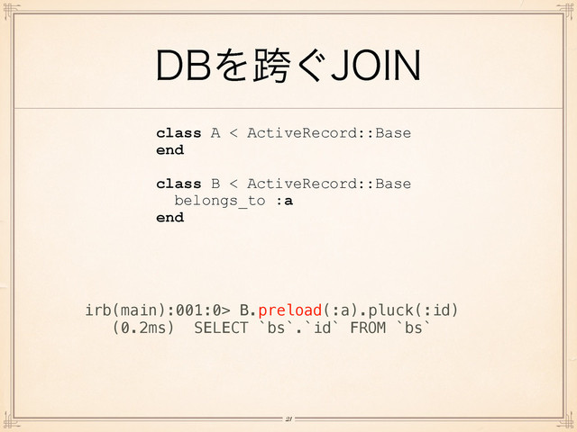 %#Λލ͙+0*/
!21
class A < ActiveRecord::Base
end
!
class B < ActiveRecord::Base
belongs_to :a
end
irb(main):001:0> B.preload(:a).pluck(:id)
(0.2ms) SELECT `bs`.`id` FROM `bs`
