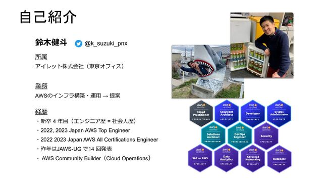 鈴⽊健⽃ @k_suzuki_pnx
所属
アイレット株式会社（東京オフィス）
業務
AWSのインフラ構築・運⽤ → 提案
経歴
・新卒 4 年⽬（エンジニア歴 = 社会⼈歴）
・2022, 2023 Japan AWS Top Engineer
・2022 2023 Japan AWS All Certifications Engineer
・昨年はJAWS-UG で14 回発表
・ AWS Community Builder（Cloud Operations）
自己紹介
